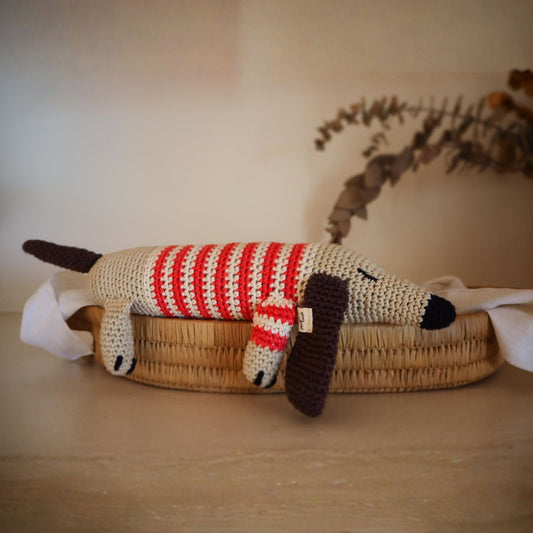 Hand crocheted sausage dog red white stripes cotton stuffed toy handmade in South Africa by Pure Touch