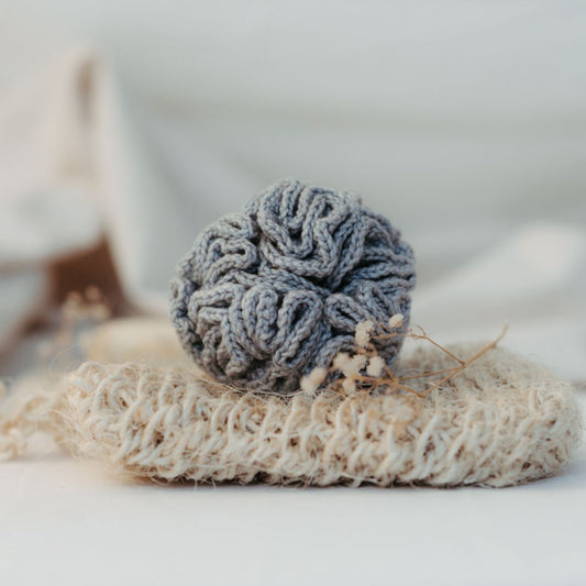 Handmade organic cotton shower buff in natural colors - Pure Touch eco-friendly bathroom accessories