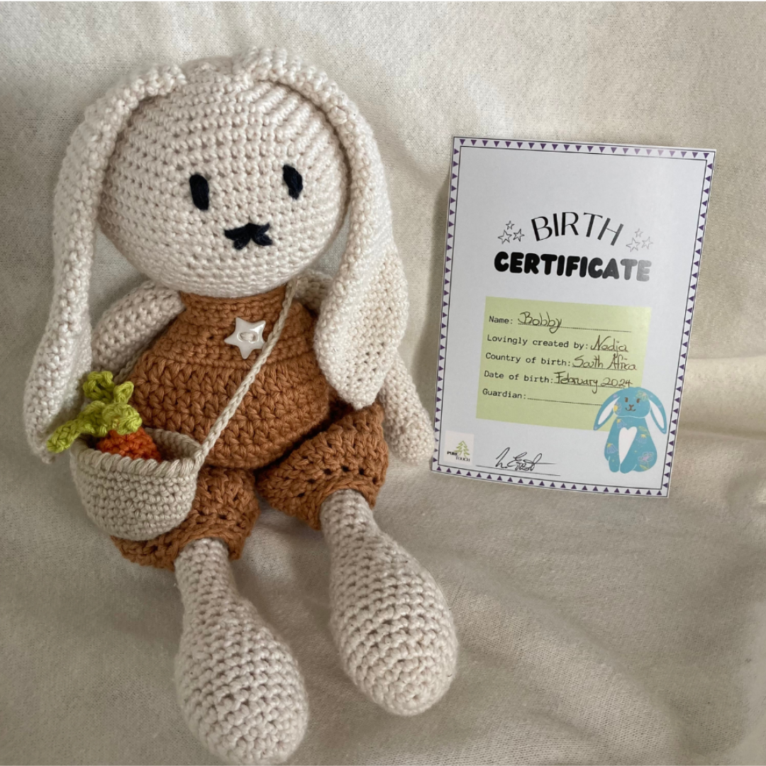Handmade organic cotton toy bunny with basket and carrot - heirloom baby gift Pure Touch, South Africa