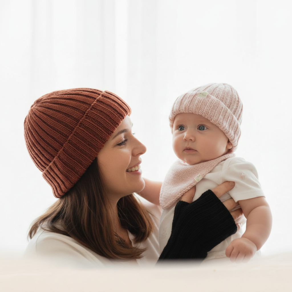 Mother and baby wearing handmade merino wool beanies and fingerless gloves - organic baby gifts