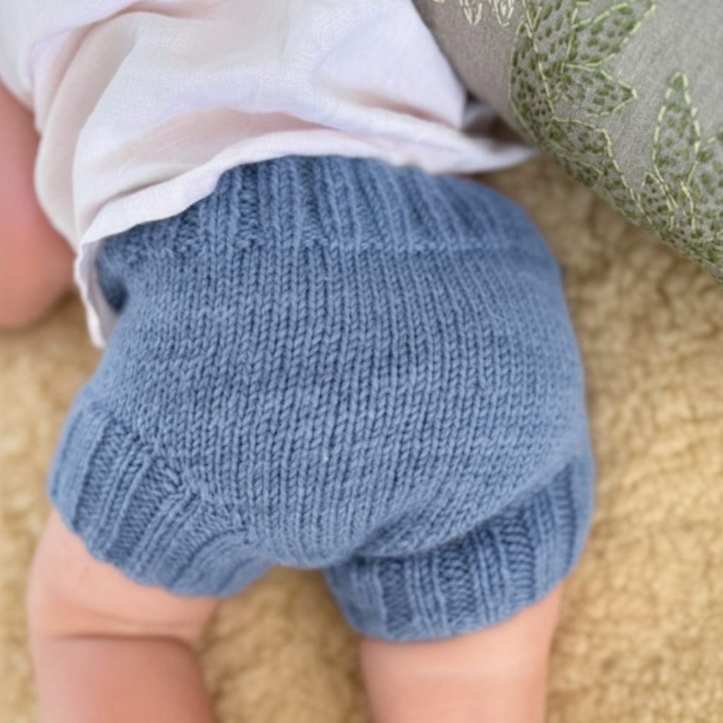 Baby wearing periwinkle blue merino wool nappy soaker