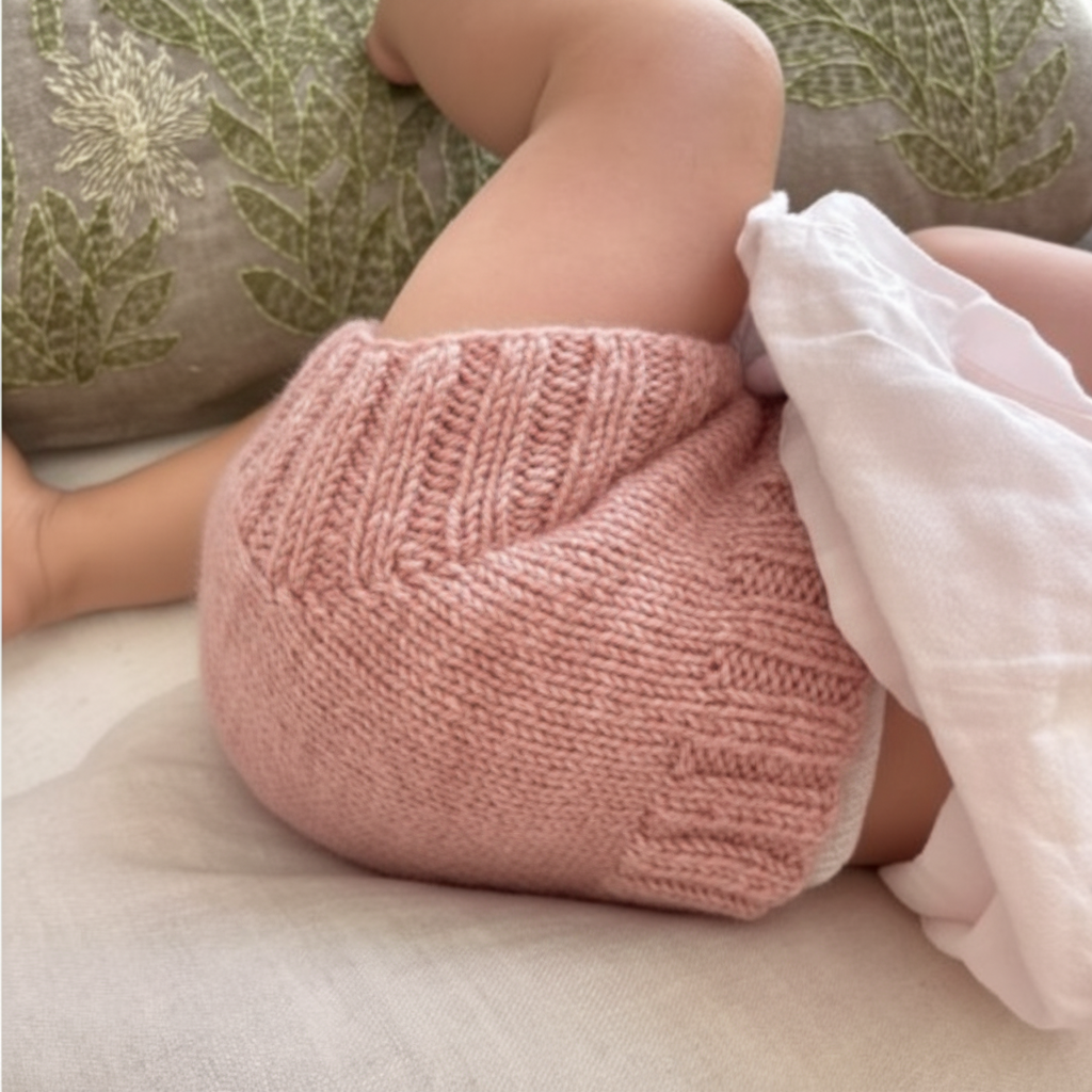 Baby wearing rose pink merino wool nappy soaker