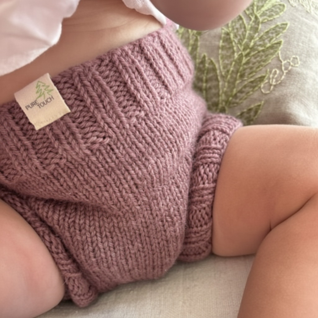 Baby wearing tulip pink merino wool nappy soaker