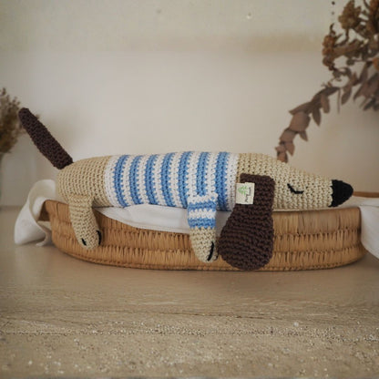 Blue white stripe crocheted sausage dog eco-friendly stuffed toy South Africa