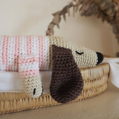Pink white stripe crocheted sausage dog natural wool stuffed toy handmade South Africa