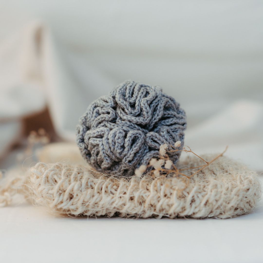 Handmade organic cotton shower buff in natural colors - Pure Touch eco-friendly bathroom accessories