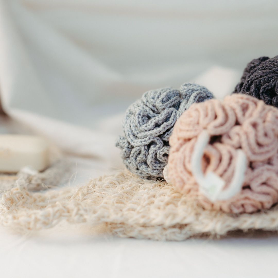 Handmade organic cotton shower buff in natural colors - Pure Touch eco-friendly bathroom accessories