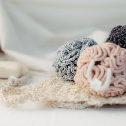 Handmade organic cotton shower buff in natural colors - Pure Touch eco-friendly bathroom accessories