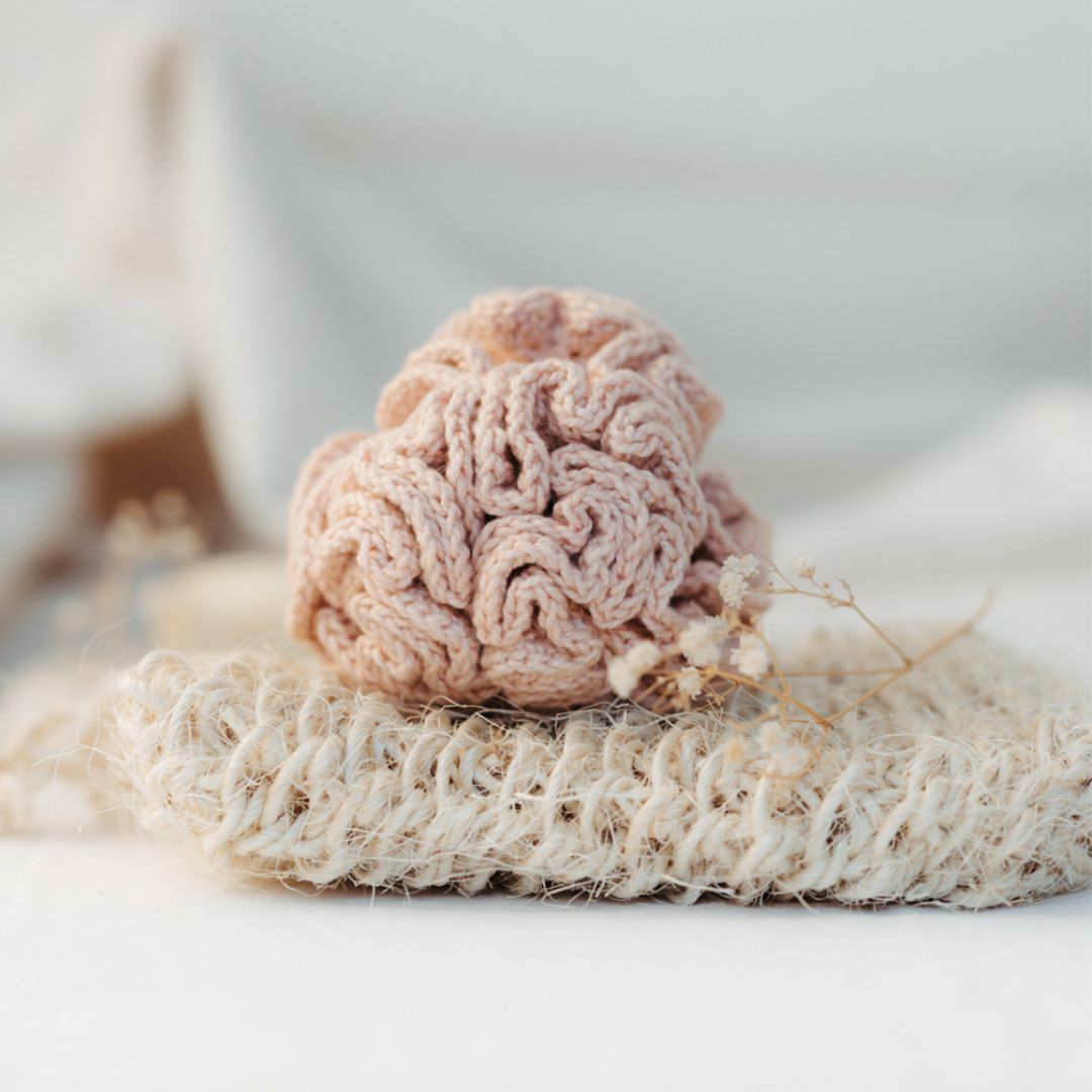 Handmade organic cotton shower buff in natural colors - Pure Touch eco-friendly bathroom accessories